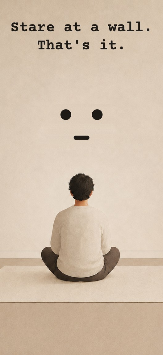 Stare at a wall. That's it. Someone sits cross-legged on the floor facing a blank wall, with the app's face on the wall above them.