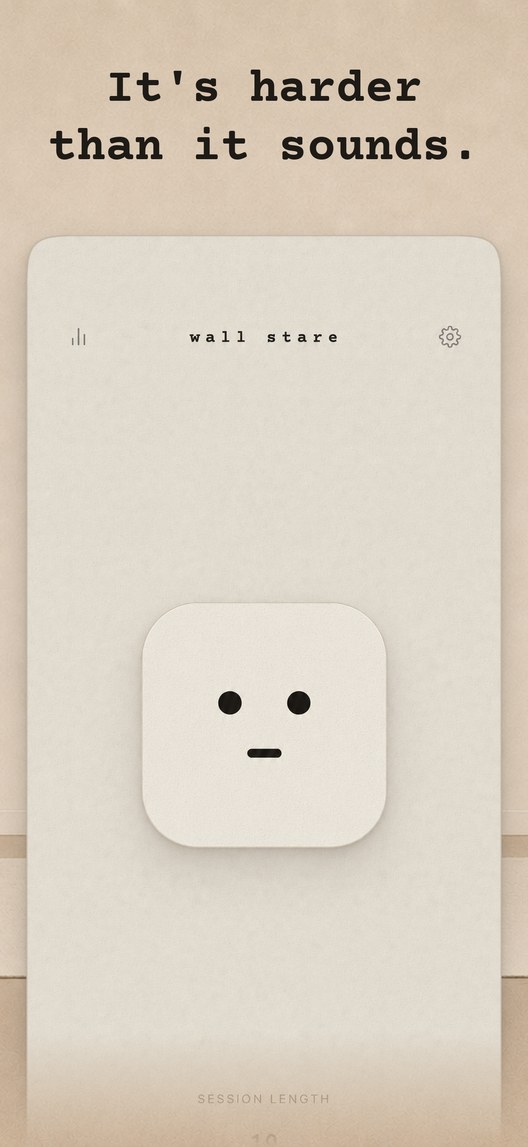 It's harder than it sounds. The app's home screen: the wall stare wordmark above a single raised tile carrying the face.