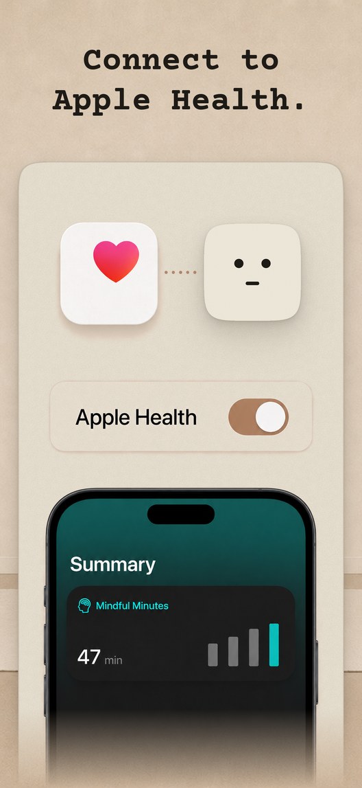 Connect to Apple Health. The Health icon linked across to the app's face, an Apple Health switch turned on, and a Health summary showing 47 mindful minutes.